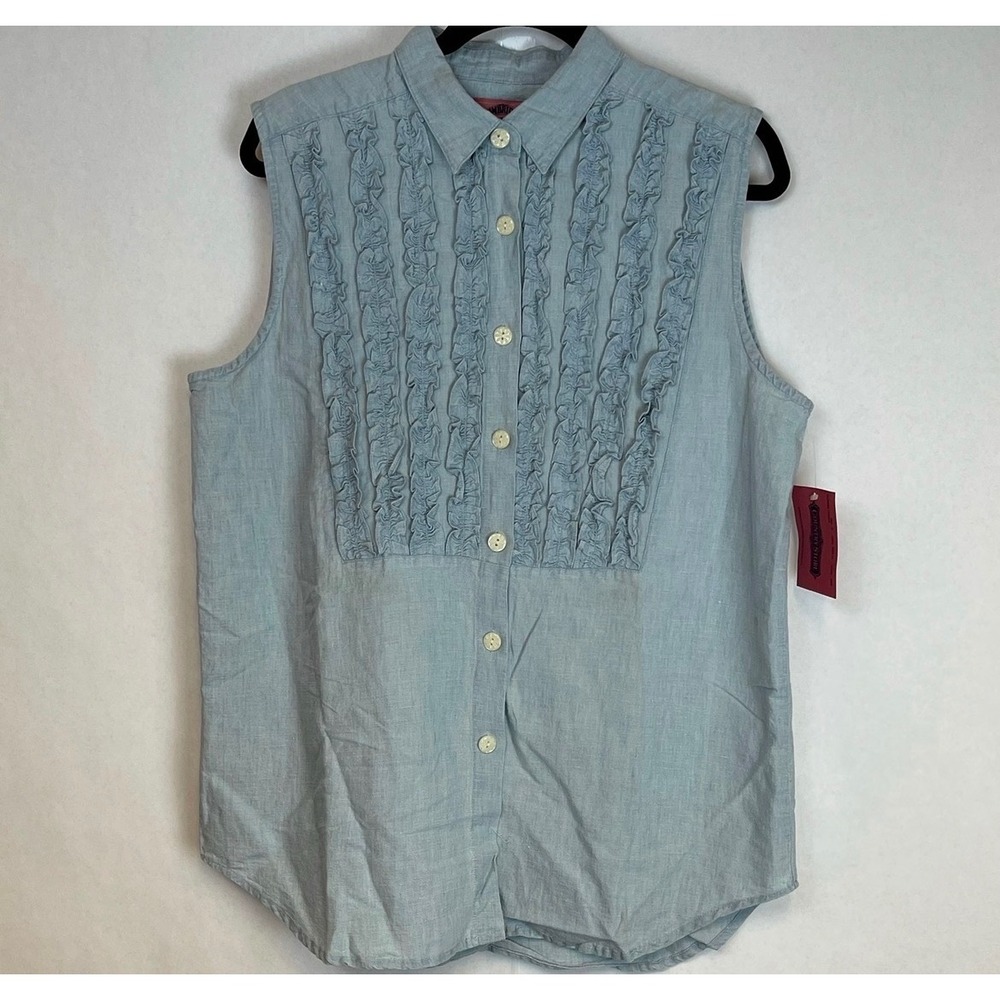 Vtg Linen Blend Sleeveless Blouse Sz 12 Blue Ruffles Cambridge Country Store NWT